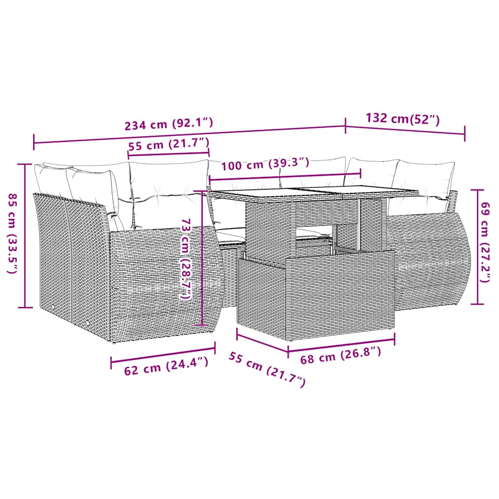7-teiliges Gartensofa-Set mit Kissen, grau, Polyrattan