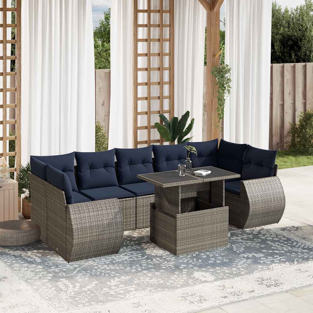 8-teiliges Gartensofa-Set mit Kissen, grau, Polyrattan