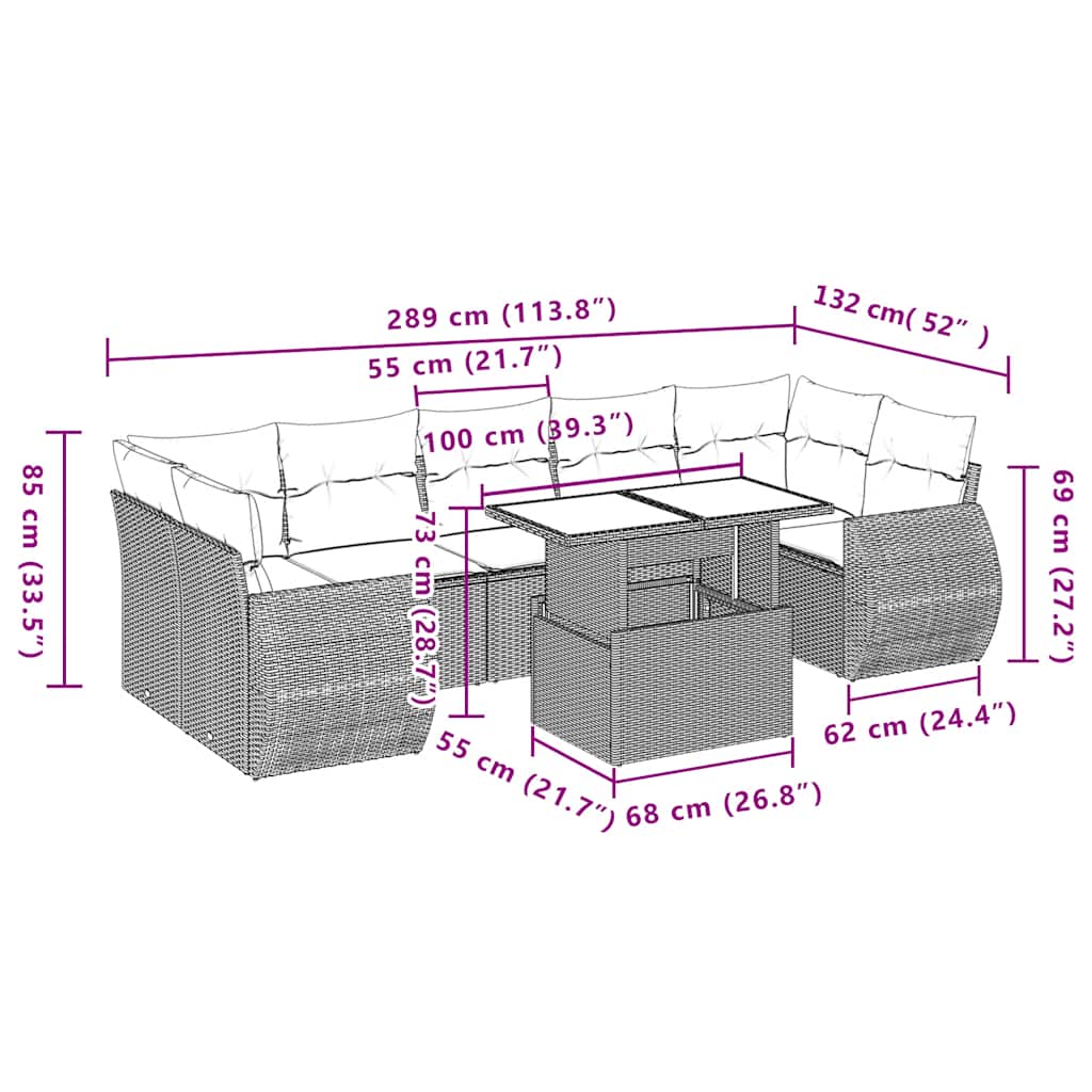 8-teiliges Gartensofa-Set mit Kissen, grau, Polyrattan