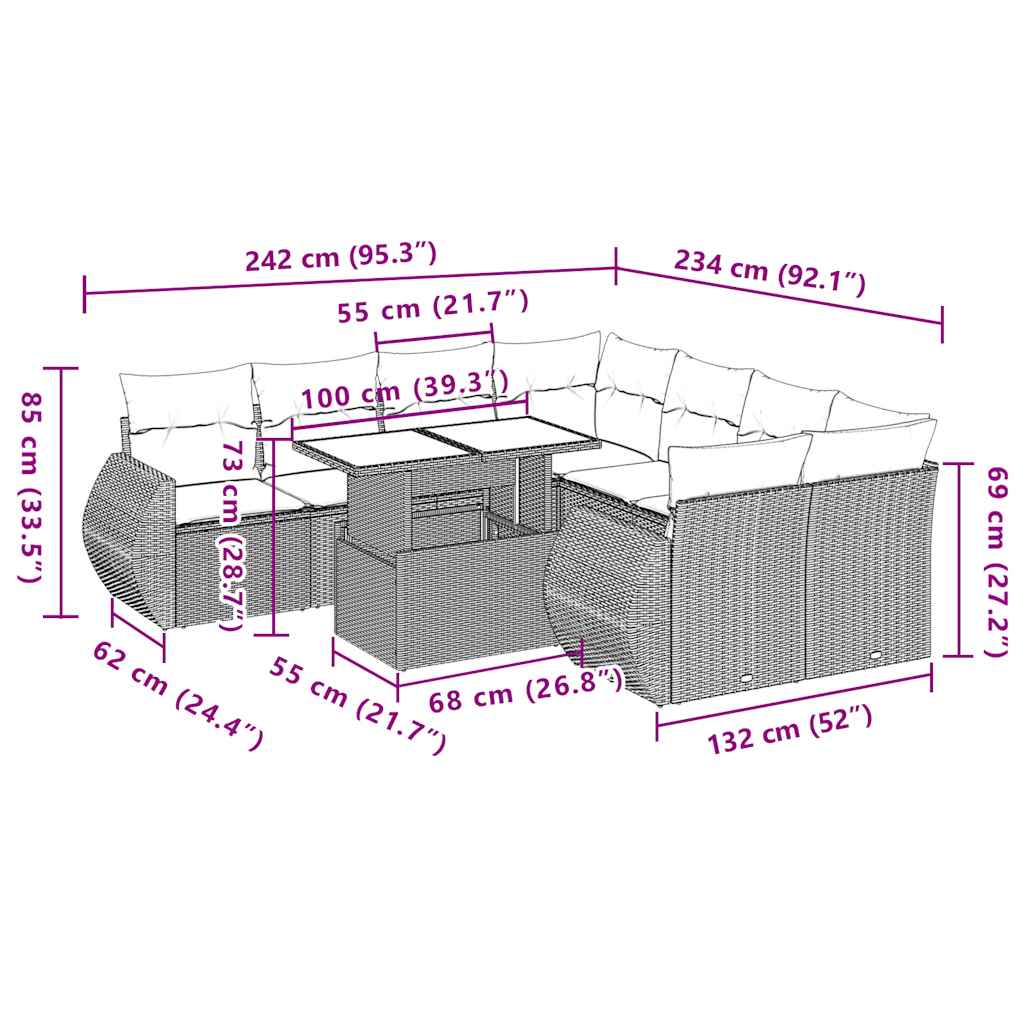 9-teiliges Gartensofa-Set mit Kissen, schwarzes Polyrattan