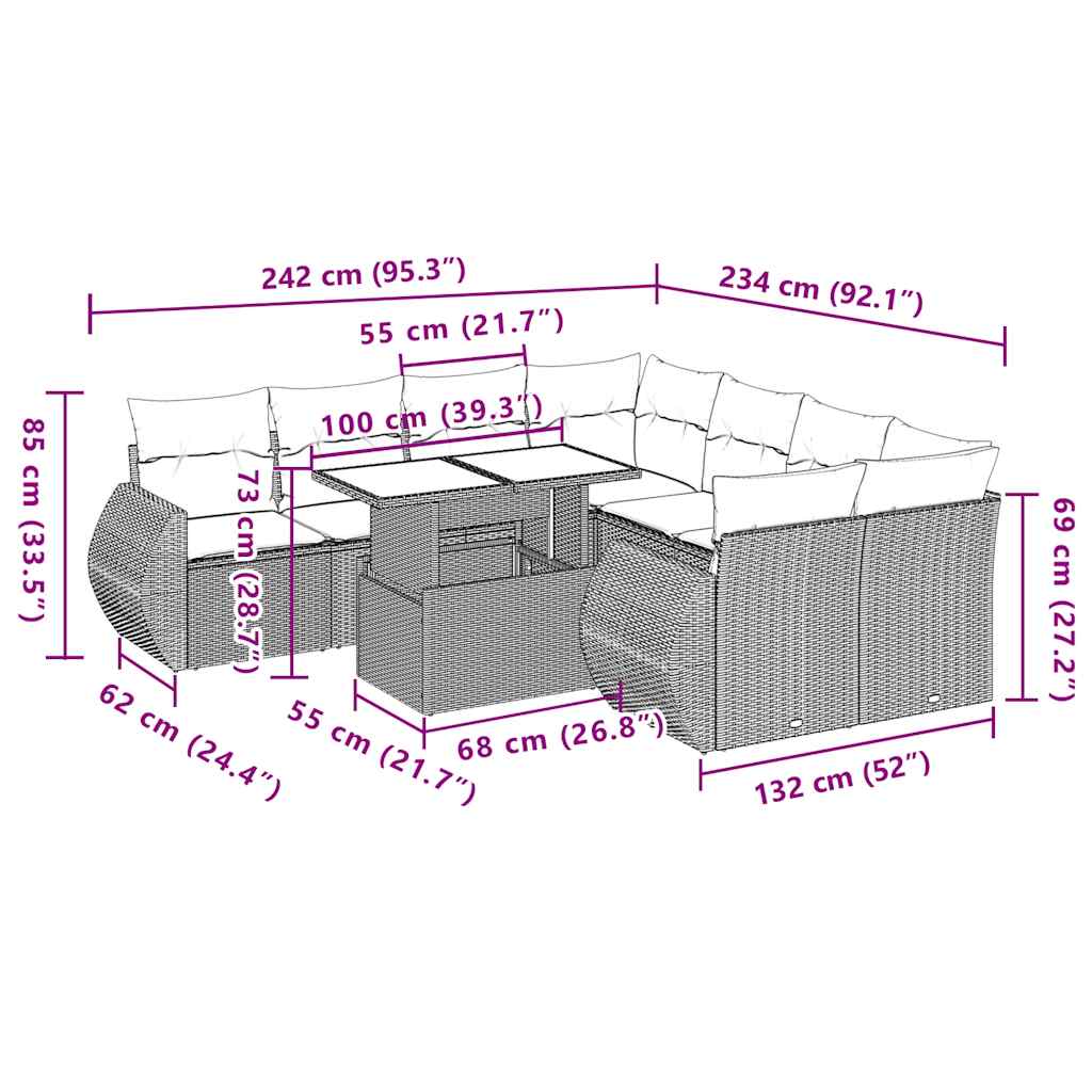 9-teiliges Gartensofa-Set mit Kissen, grau, Polyrattan