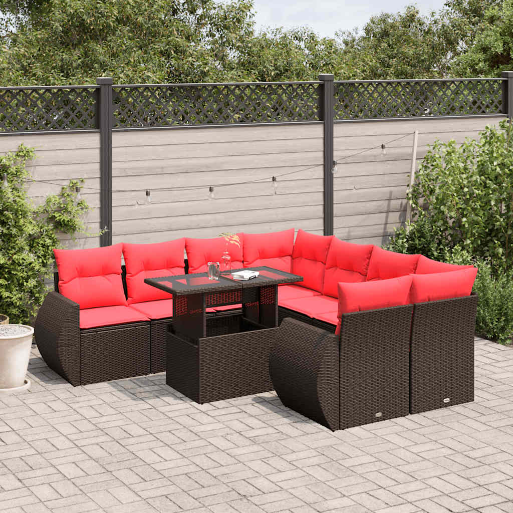 9-teiliges Gartensofa-Set mit Kissen, braun, Polyrattan