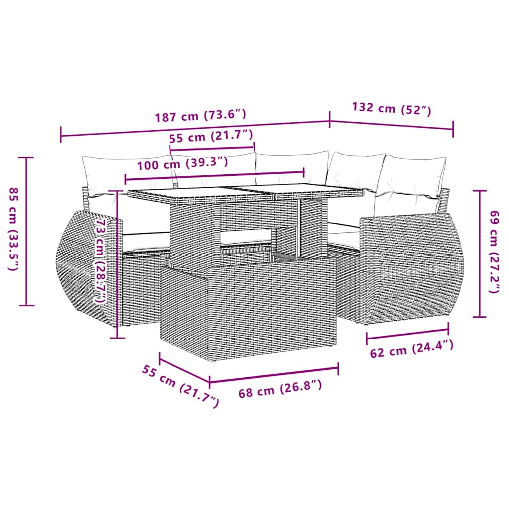 5-teiliges Gartensofa-Set mit Kissen, braun, Polyrattan