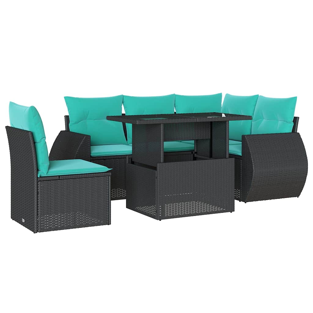 6-teiliges Gartensofa-Set mit Kissen, schwarzes Polyrattan