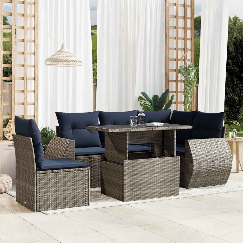 6-teiliges Gartensofa-Set mit Kissen, grau, Polyrattan