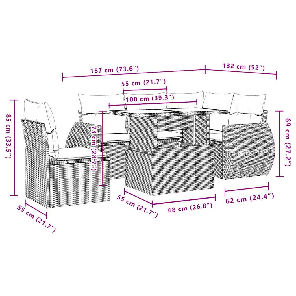 6-teiliges Gartensofa-Set mit Kissen, grau, Polyrattan
