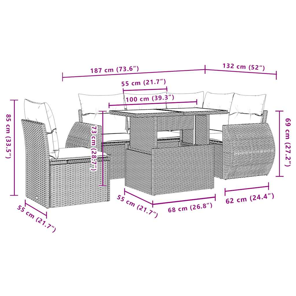 6-teiliges Gartensofa-Set mit Kissen, braun, Polyrattan