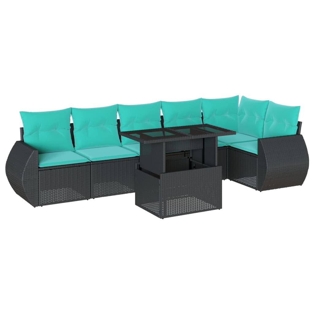 7-teiliges Gartensofa-Set mit Kissen, schwarzes Polyrattan