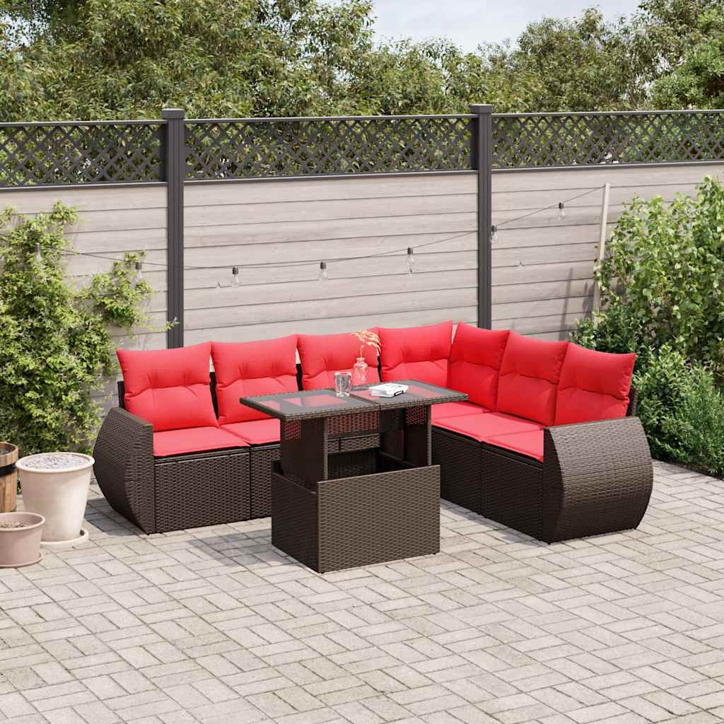 7-teiliges Gartensofa-Set mit Kissen, braun, Polyrattan