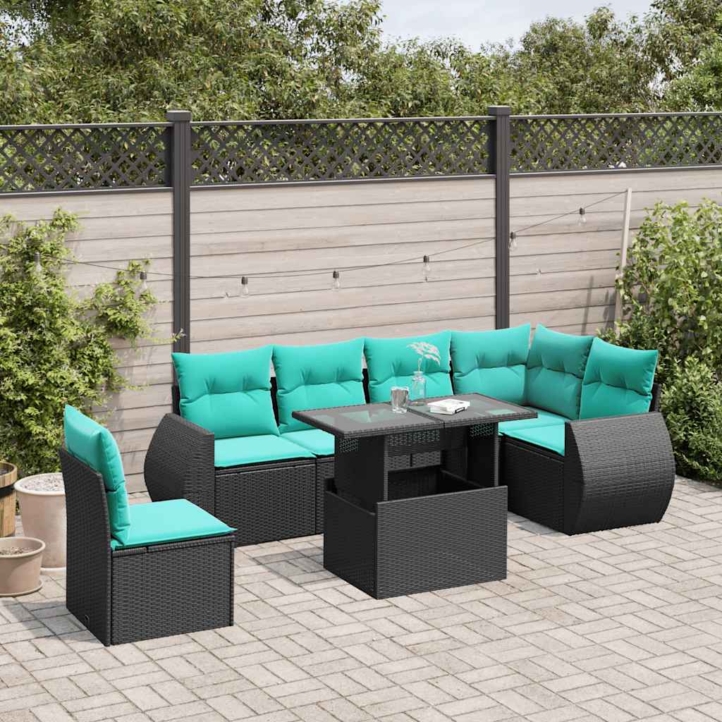 7-teiliges Gartensofa-Set mit Kissen, schwarzes Polyrattan