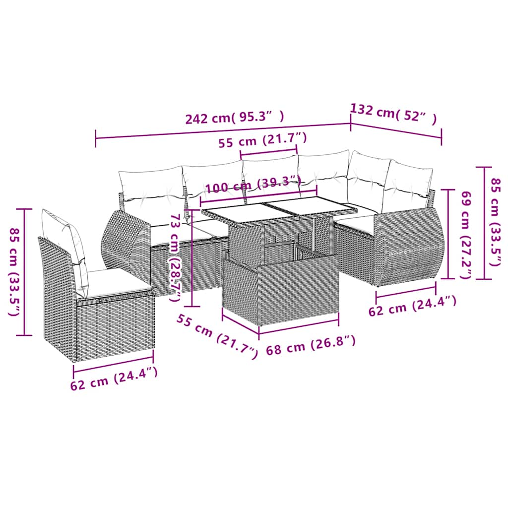 7-teiliges Gartensofa-Set mit Kissen, schwarzes Polyrattan