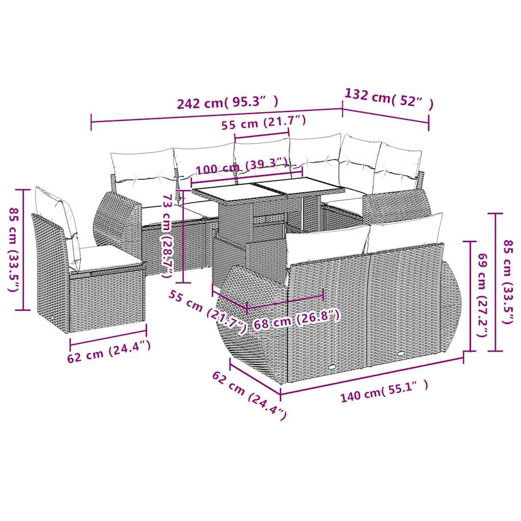 9-teiliges Gartensofa-Set mit Kissen, schwarzes Polyrattan