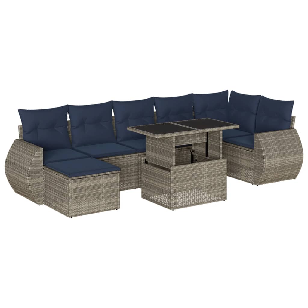 8-teiliges Gartensofa-Set mit Kissen, grau, Polyrattan