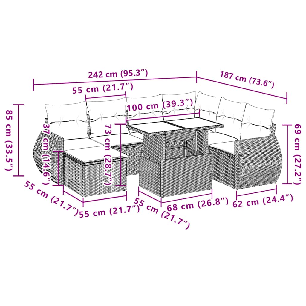 8-teiliges Gartensofa-Set mit Kissen, schwarzes Polyrattan