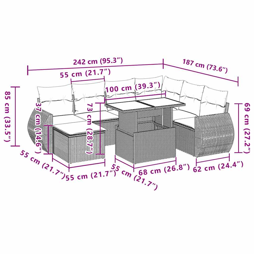 8-teiliges Gartensofa-Set mit Kissen, braun, Polyrattan