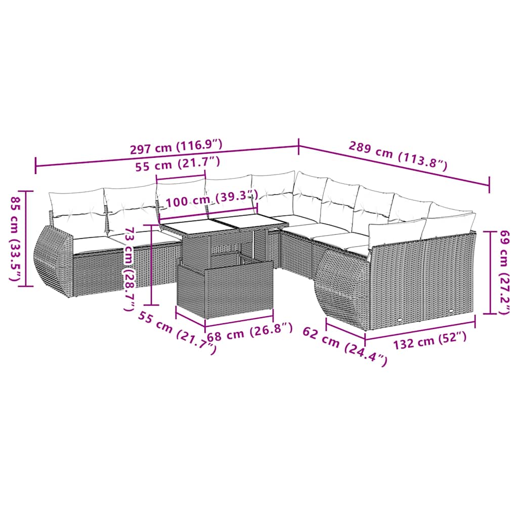 11-teiliges Gartensofa-Set mit Kissen, braun, Polyrattan