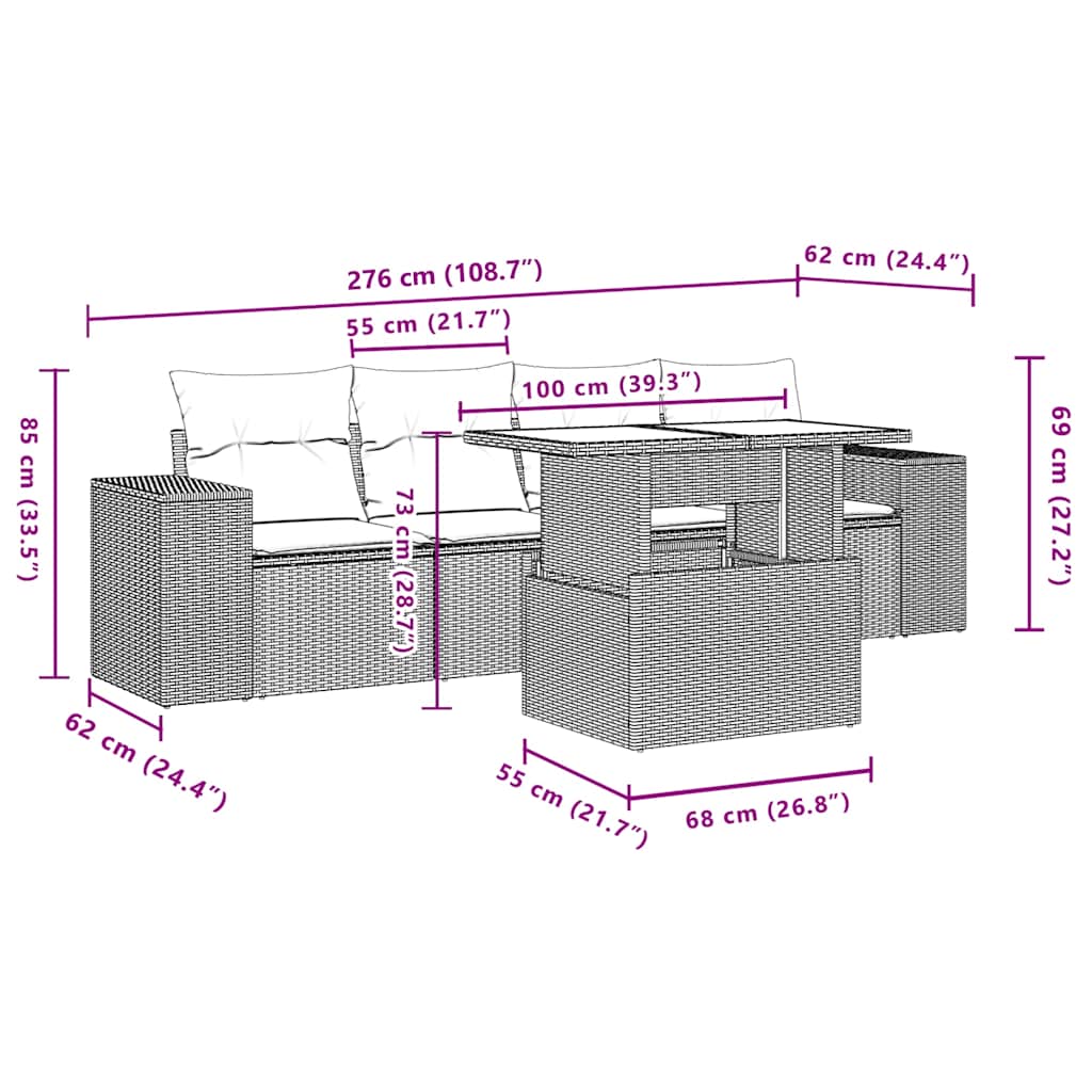 5-teiliges Gartensofa-Set mit Kissen, braun, Polyrattan