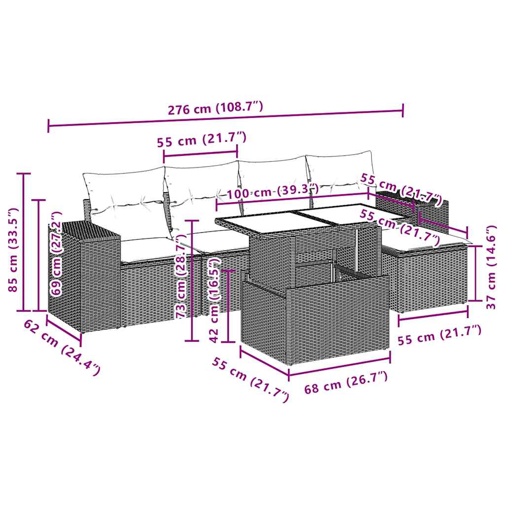 6-teiliges Gartensofa-Set mit Kissen, schwarzes Polyrattan