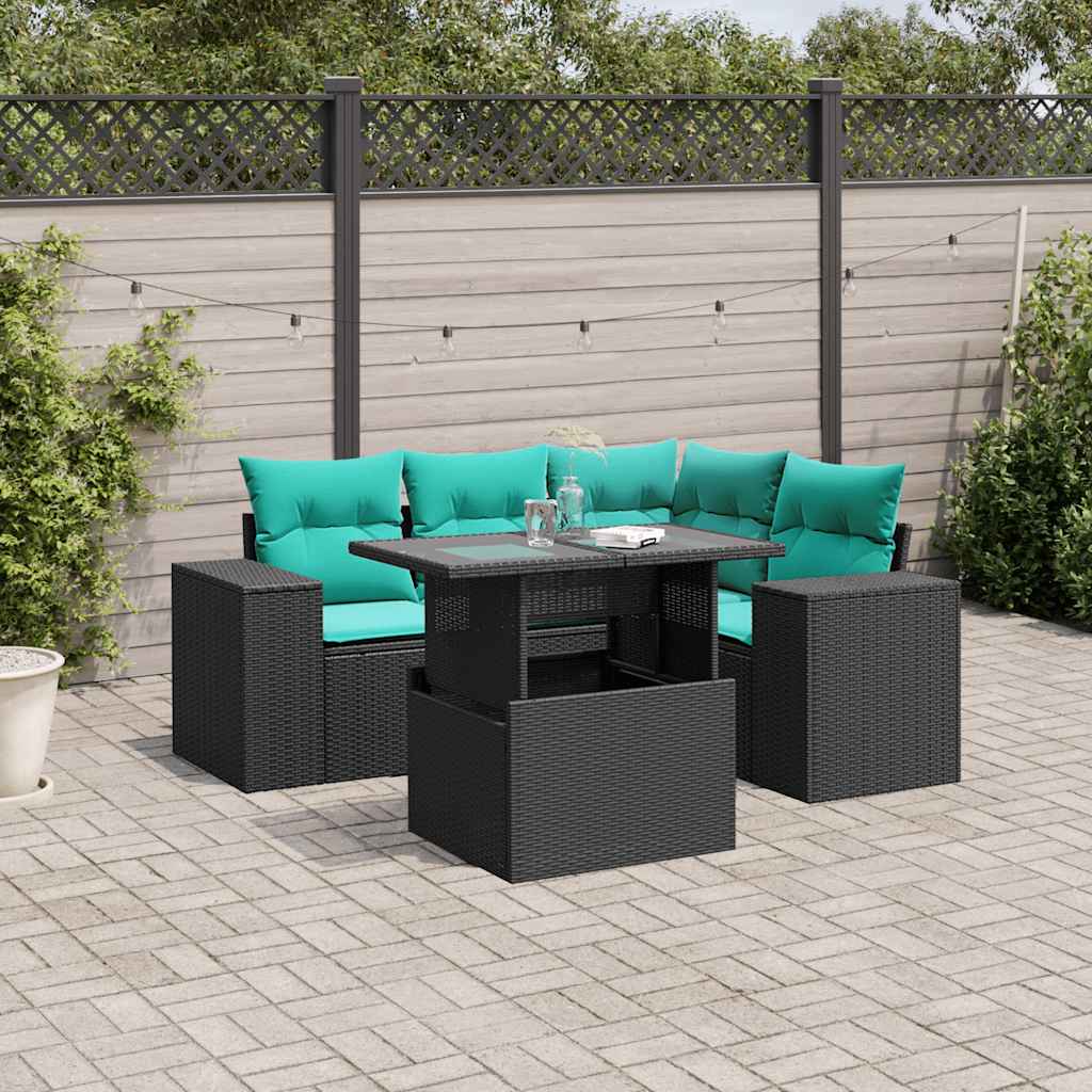 5-teiliges Gartensofa-Set mit Kissen, schwarzes Polyrattan