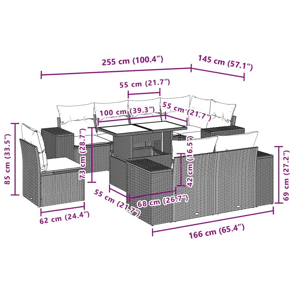 9-teiliges Gartensofa-Set mit Kissen, schwarzes Polyrattan