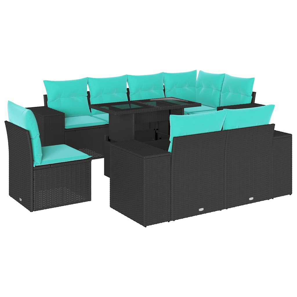 9-teiliges Gartensofa-Set mit Kissen, schwarzes Polyrattan