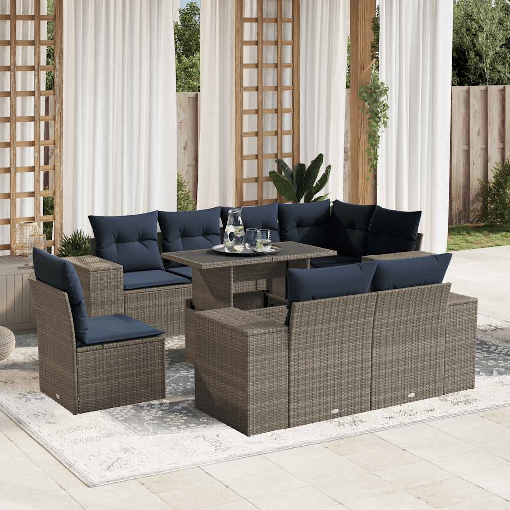 9-teiliges Gartensofa-Set mit Kissen, grau, Polyrattan