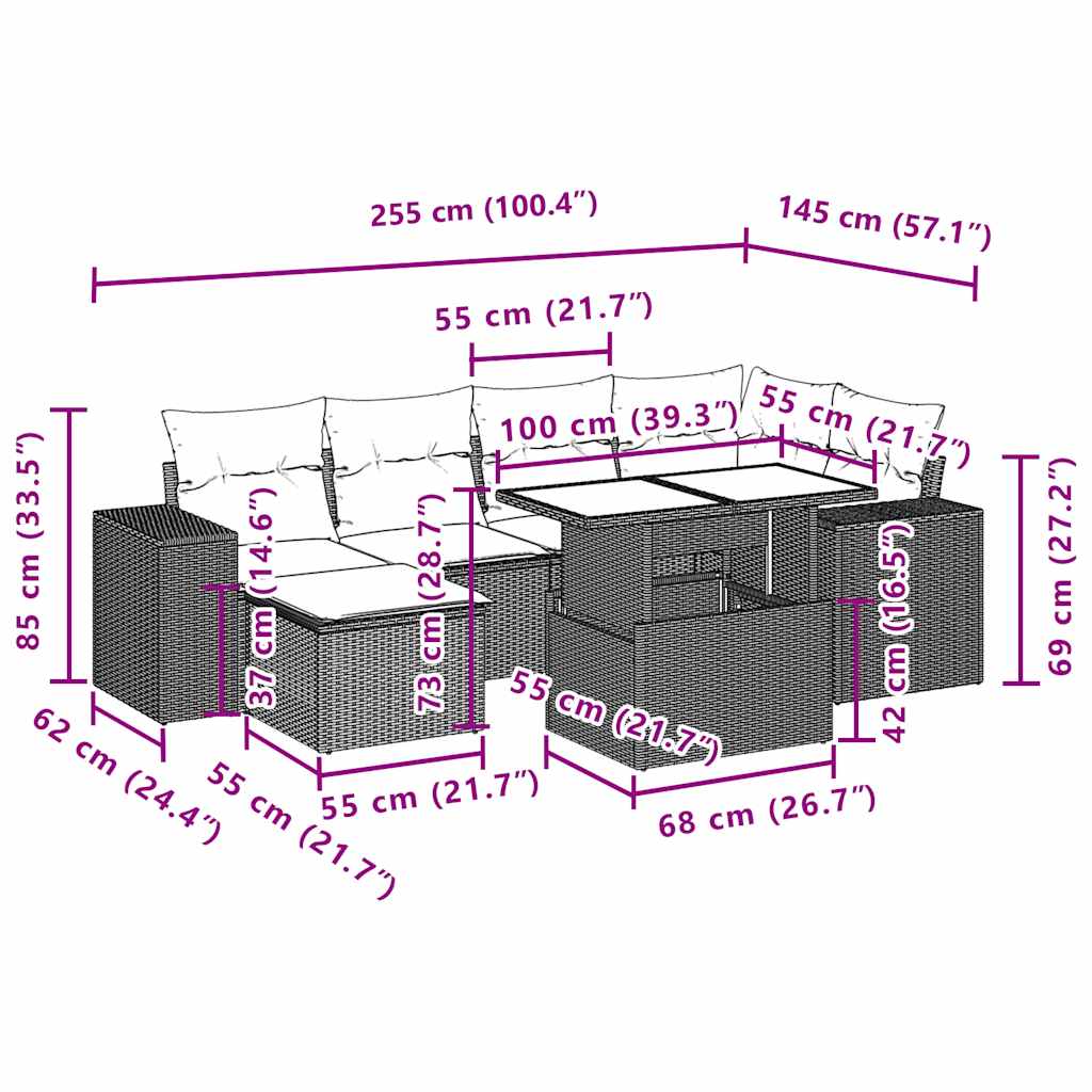 7-teiliges Gartensofa-Set mit Kissen, braun, Polyrattan