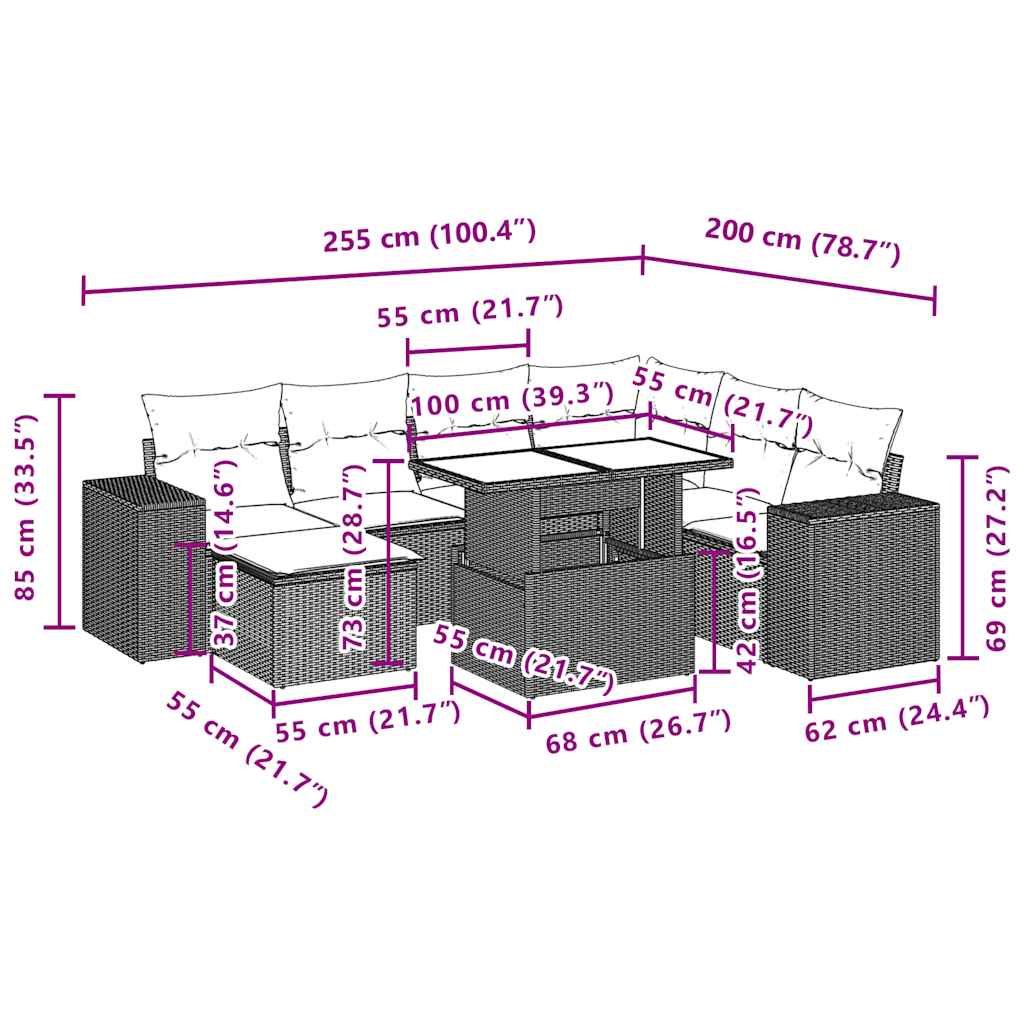 8-teiliges Gartensofa-Set mit Kissen, grau, Polyrattan