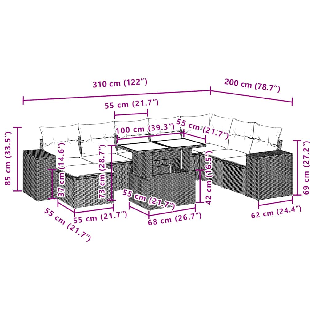 9-teiliges Gartensofa-Set mit Kissen, grau, Polyrattan