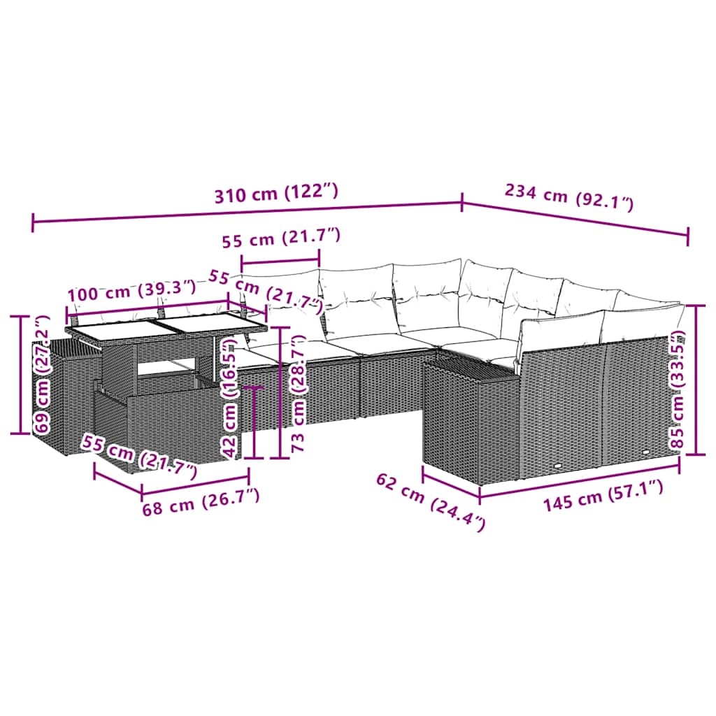 10-teiliges Gartensofa-Set mit Kissen, schwarzes Polyrattan