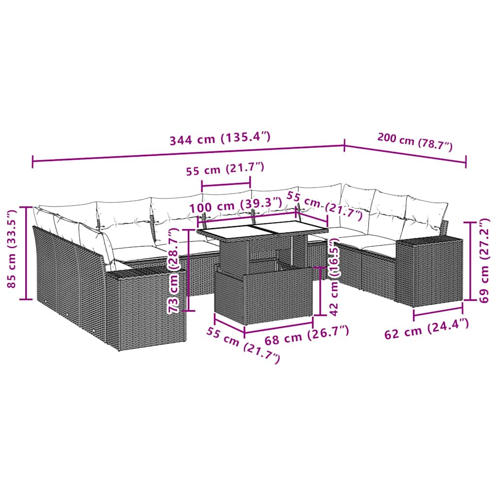 11-teiliges Gartensofa-Set mit Kissen, braun, Polyrattan
