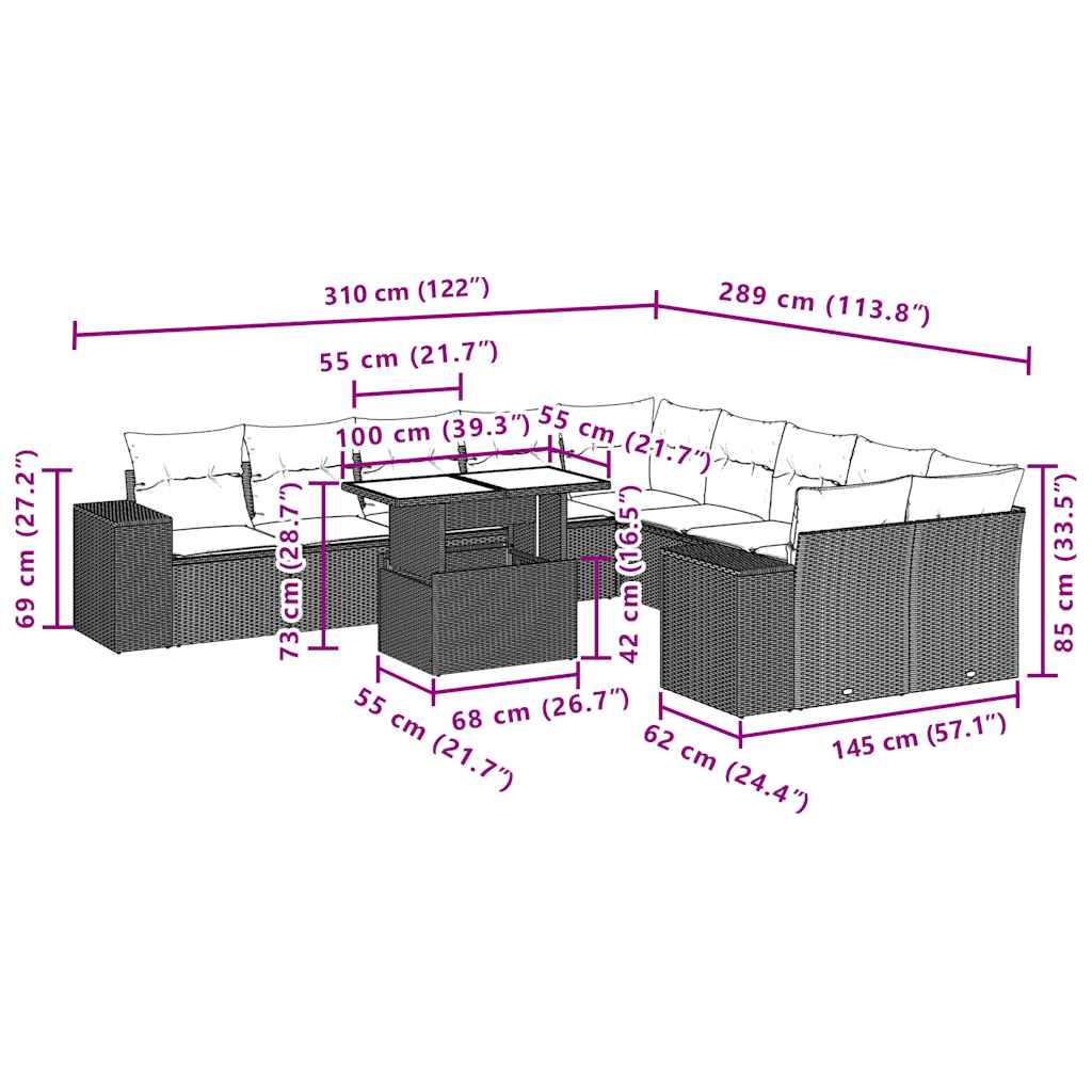 11-teiliges Gartensofa-Set mit Kissen, schwarzes Polyrattan