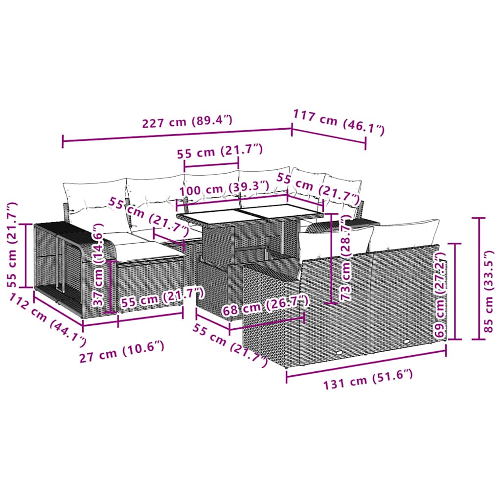 11-teiliges Gartensofa-Set mit Kissen, schwarzes Polyrattan