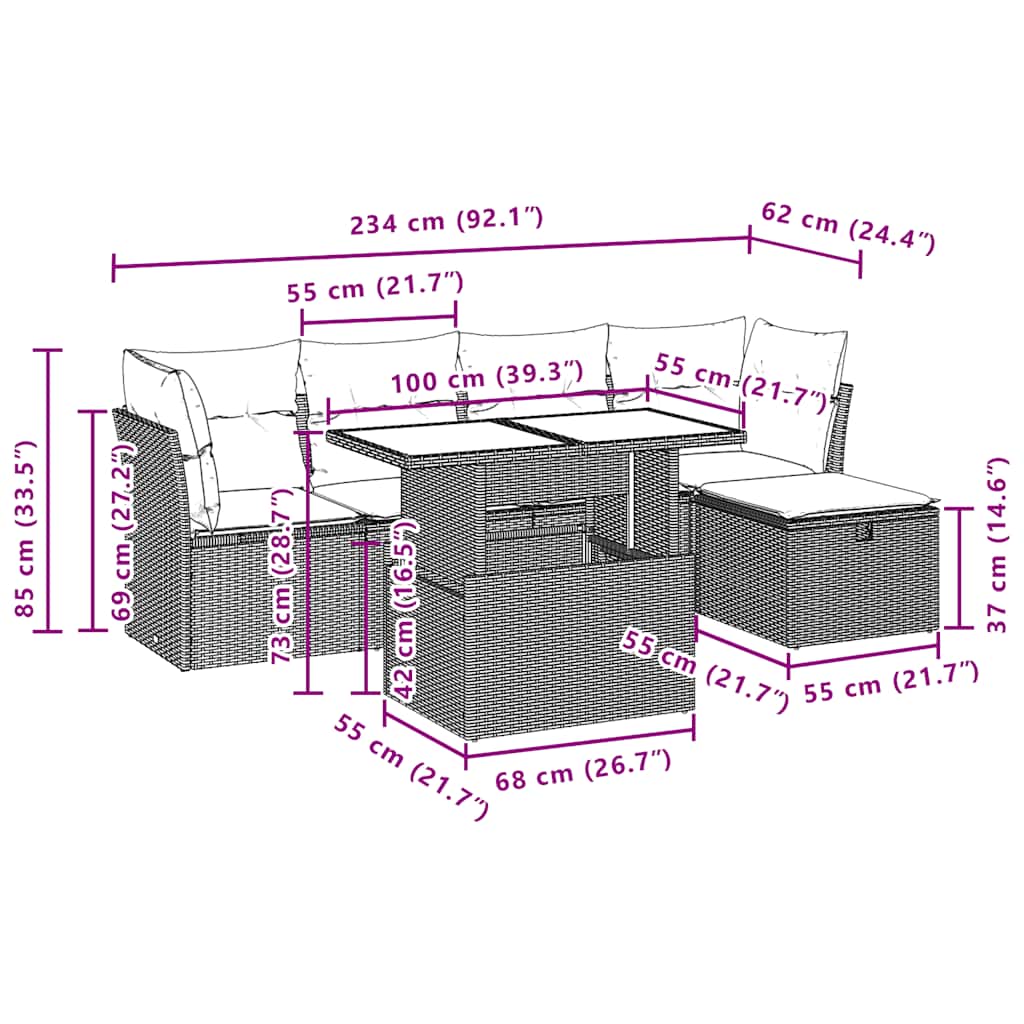 6-teiliges Gartensofa-Set mit Kissen, schwarzes Polyrattan