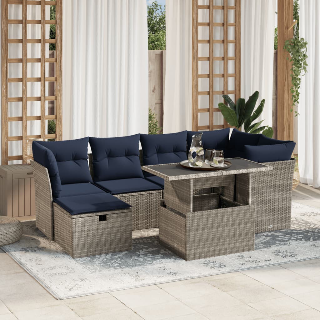 7-teiliges Gartensofa-Set mit Kissen, grau, Polyrattan