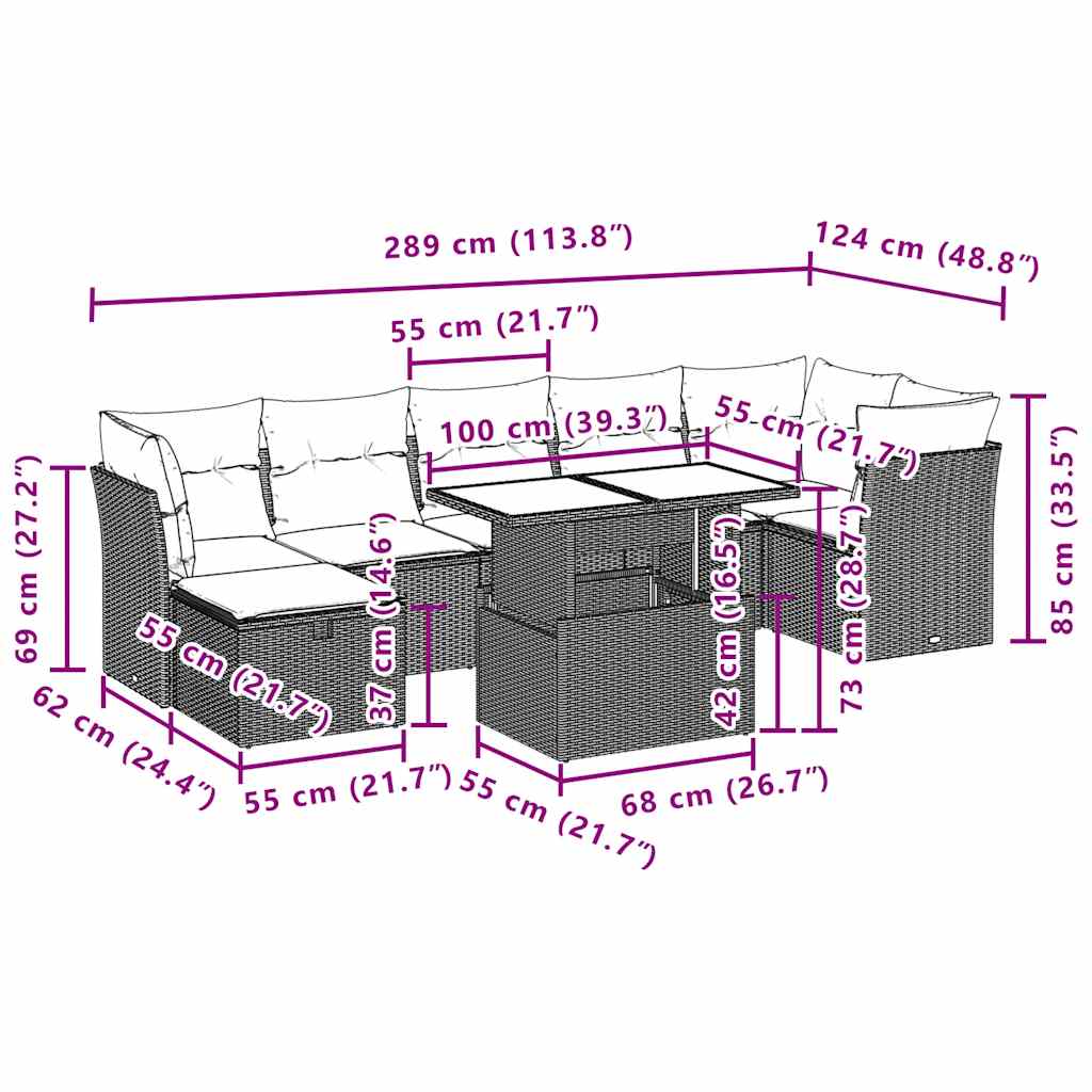 8-teiliges Gartensofa-Set mit Kissen, braun, Polyrattan