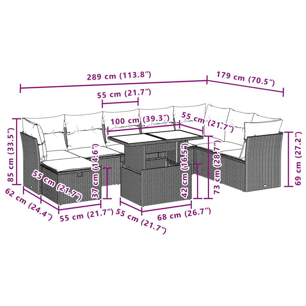 9-teiliges Gartensofa-Set mit Kissen, grau, Polyrattan