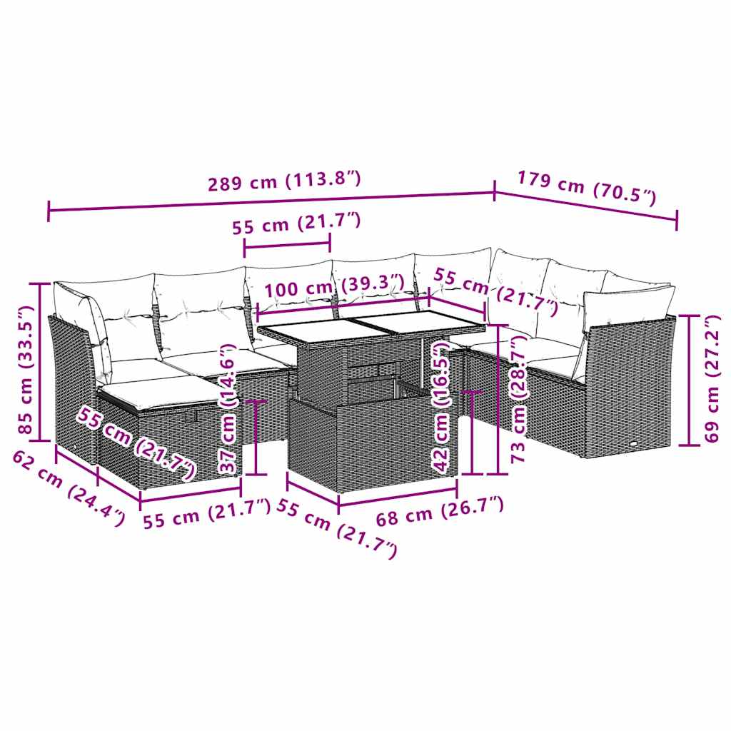 9-teiliges Gartensofa-Set mit Kissen, braun, Polyrattan