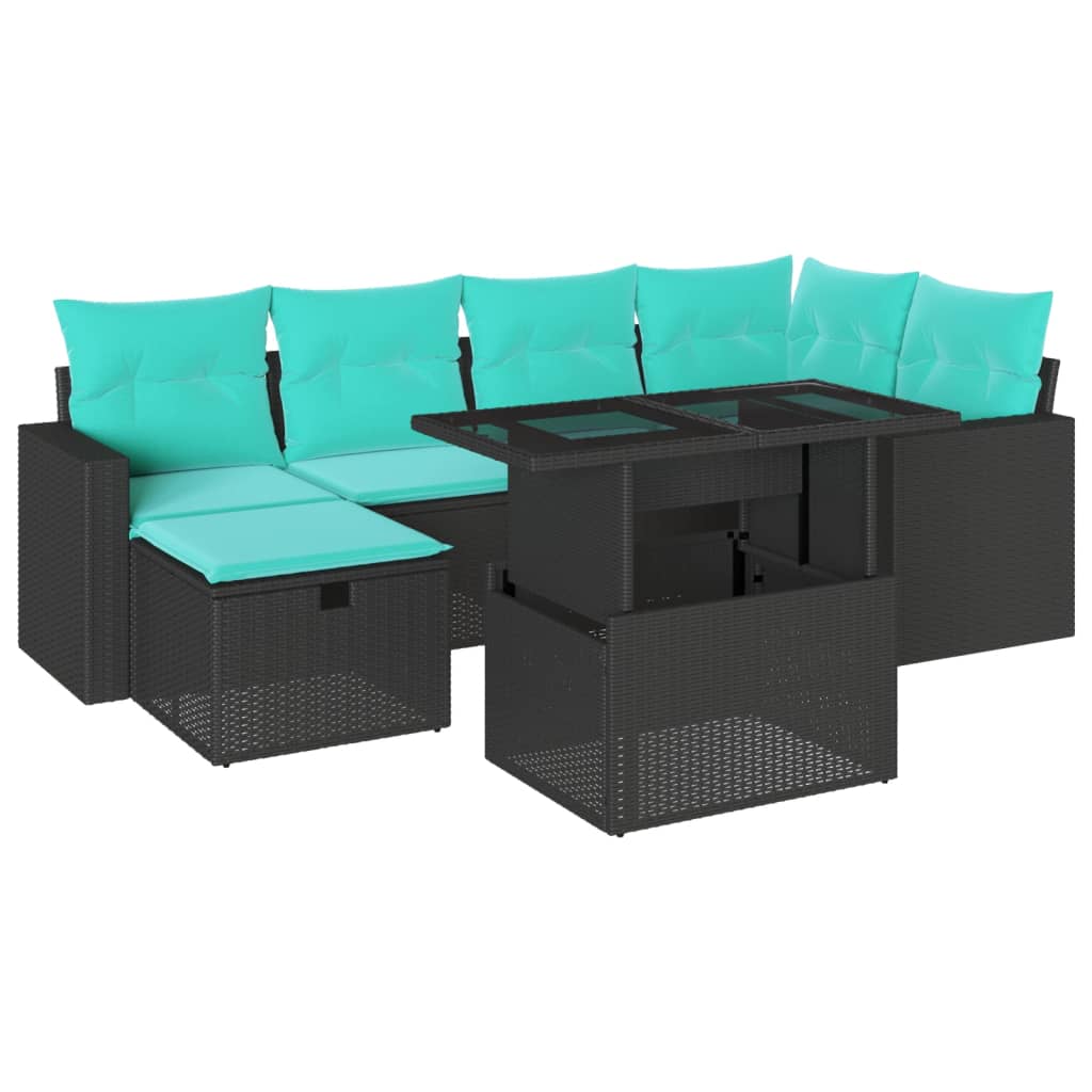 7-teiliges Gartensofa-Set mit Kissen, schwarzes Polyrattan