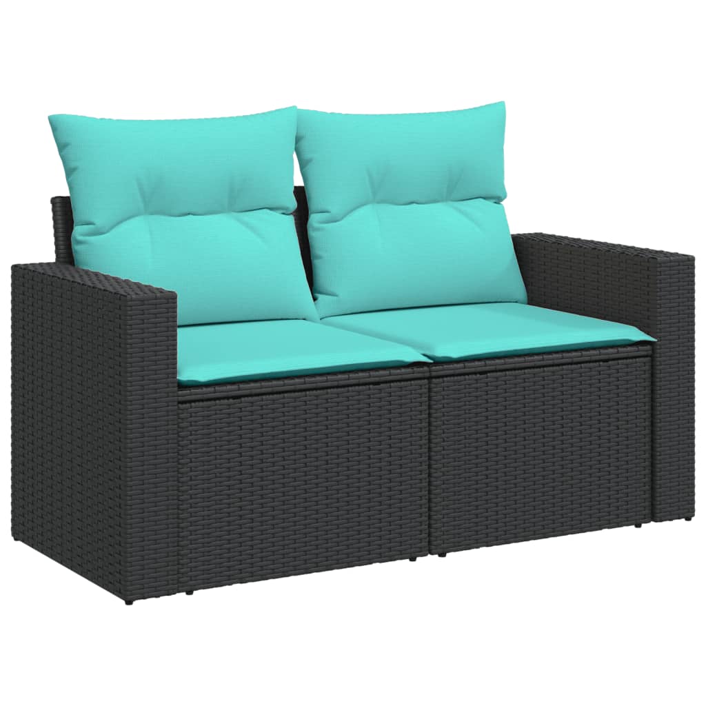 7-teiliges Gartensofa-Set mit Kissen, schwarzes Polyrattan