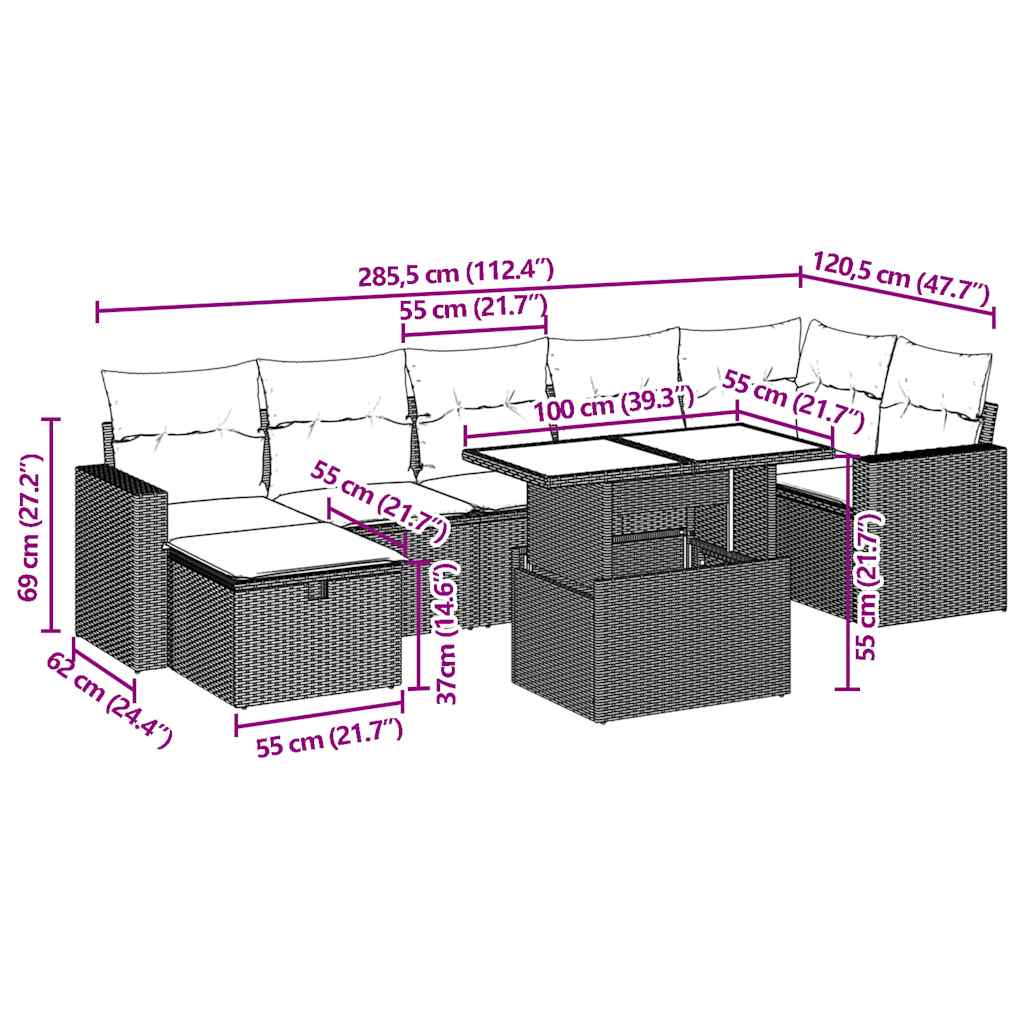 8-teiliges Gartensofa-Set mit Kissen, schwarzes Polyrattan