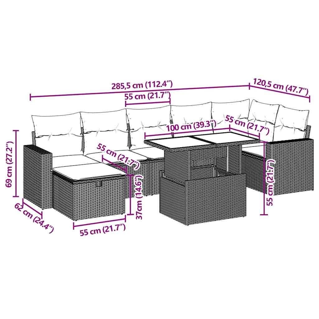 8-teiliges Gartensofa-Set mit Kissen, grau, Polyrattan