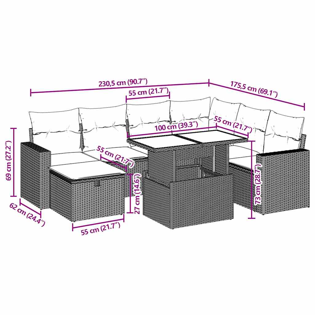 8-teiliges Gartensofa-Set mit Kissen, schwarzes Polyrattan