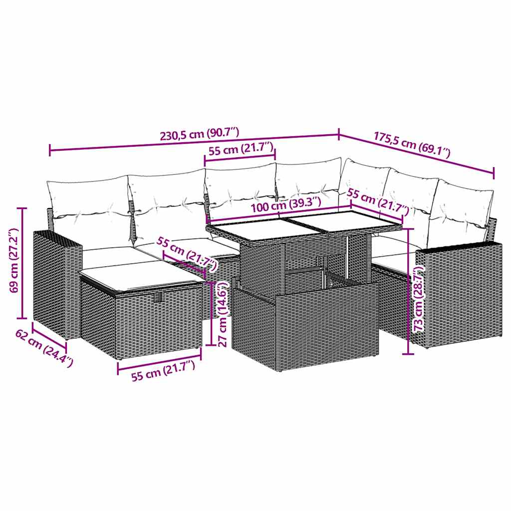 8-teiliges Gartensofa-Set mit Kissen, grau, Polyrattan