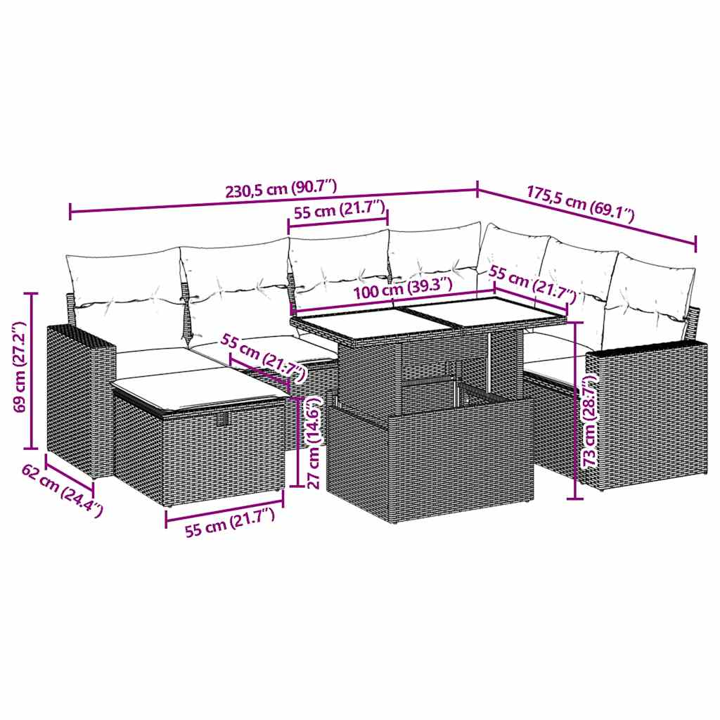 8-teiliges Gartensofa-Set mit Kissen, braun, Polyrattan