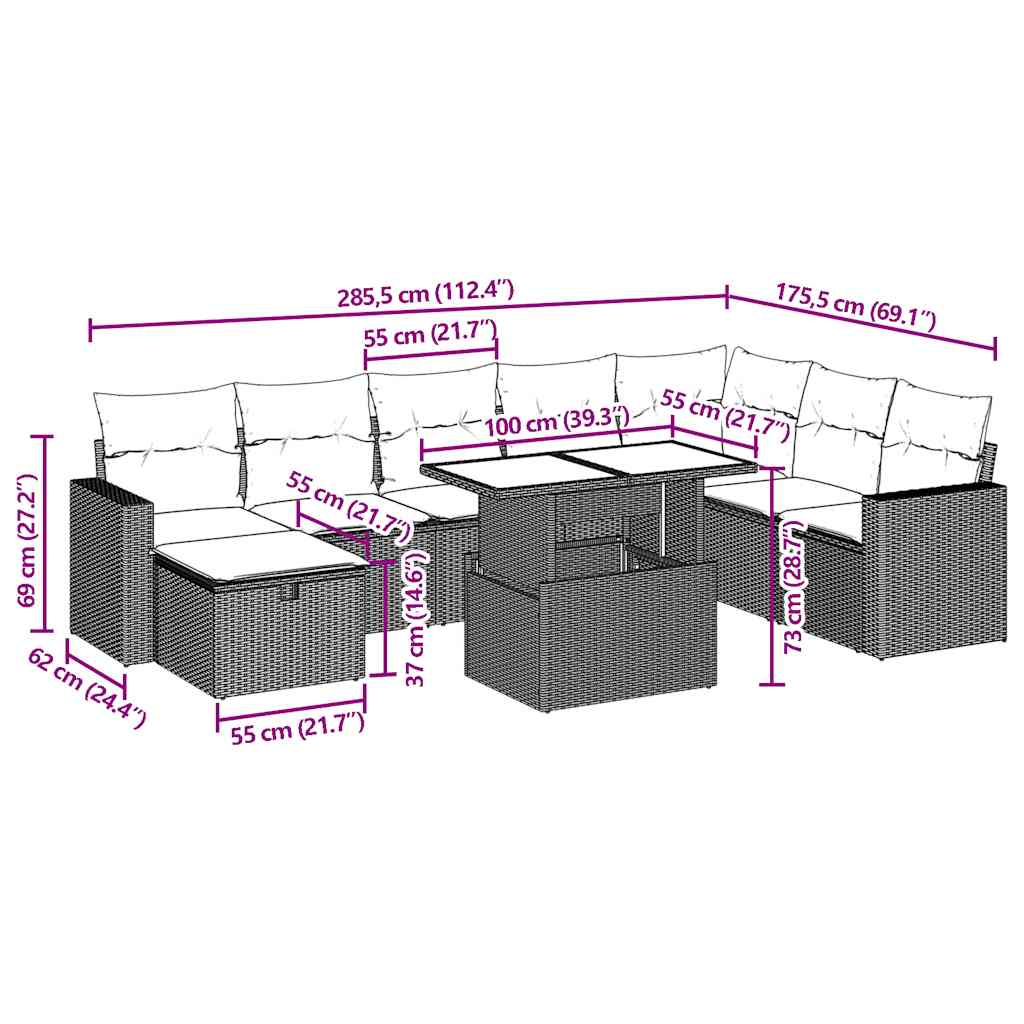 9-teiliges Gartensofa-Set mit Kissen, schwarzes Polyrattan
