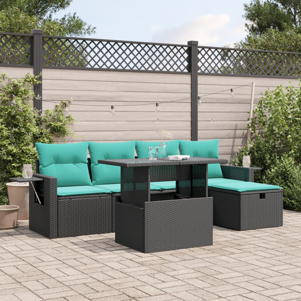 6-teiliges Gartensofa-Set mit Kissen, schwarzes Polyrattan
