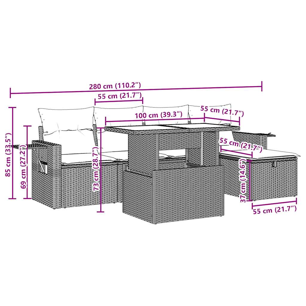 6-teiliges Gartensofa-Set mit Kissen, braun, Polyrattan