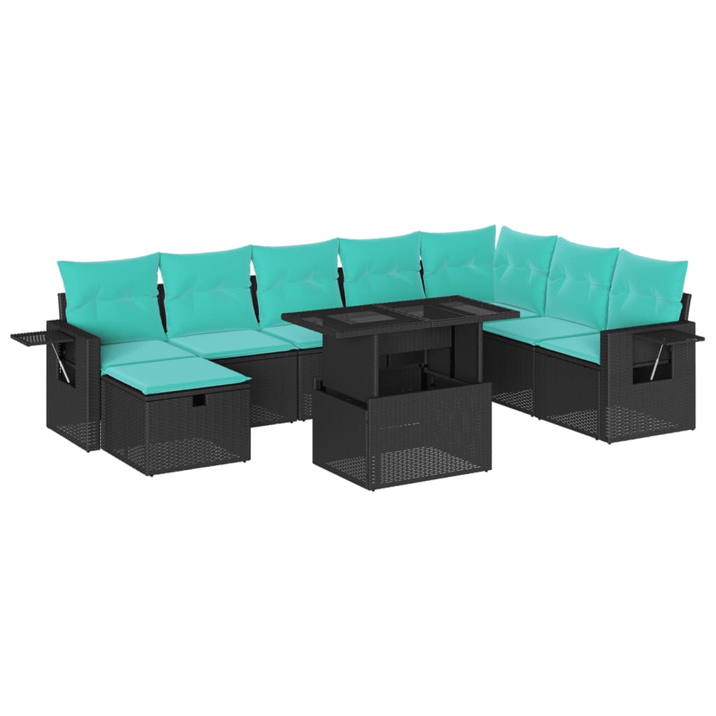 9-teiliges Gartensofa-Set mit Kissen, schwarzes Polyrattan