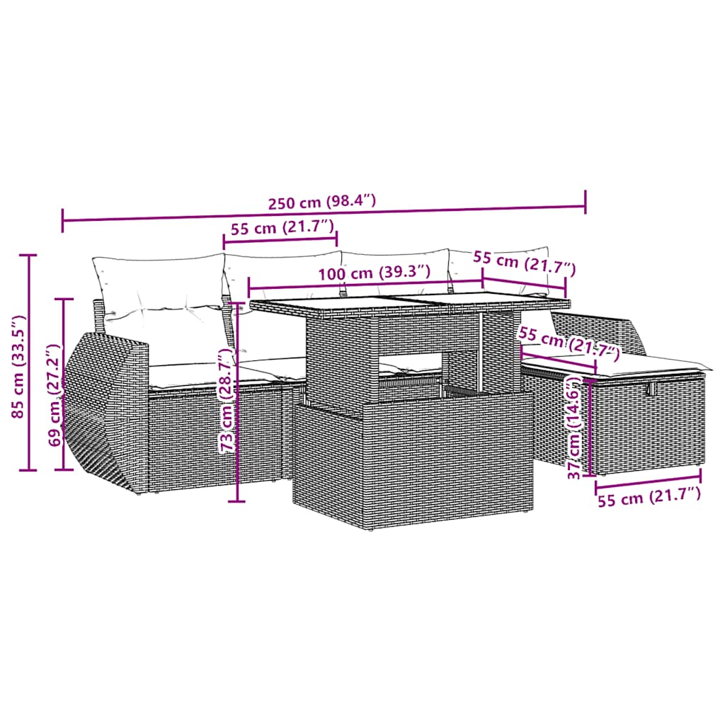 6-teiliges Gartensofa-Set mit Kissen, schwarzes Polyrattan